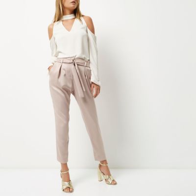 Petite pink soft tie tapered trousers